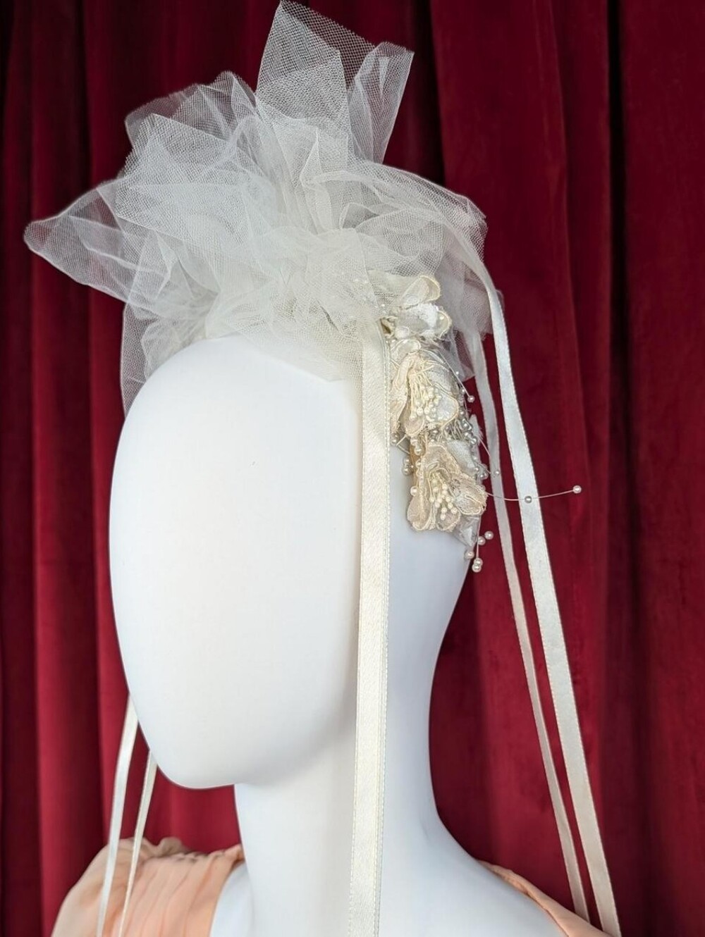 Vintage White Beaded Sequin Floral Tulle Satin Ribbon Bridal Headband with Comb